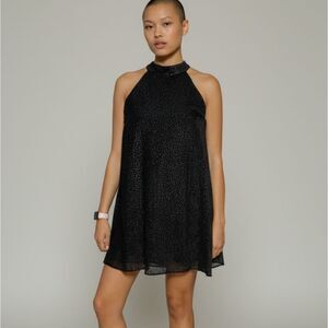 Zara Trafaluc Dobby Black and Gold Dots Halter Keyhole Back Dress